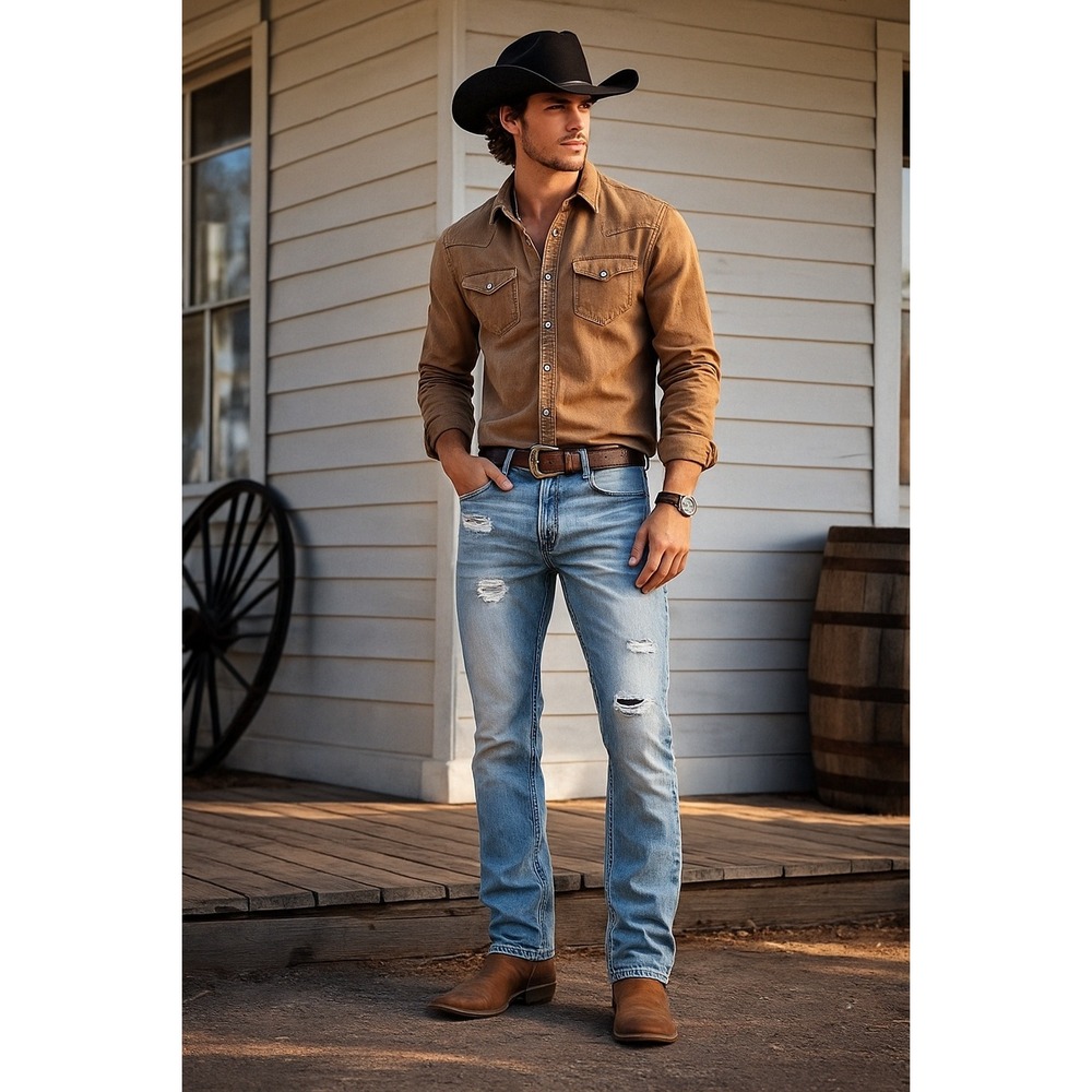 GUESS Light Wash Distressed Denim Jeans Men's Size 32X29 Vtg Y2K Western Rugged